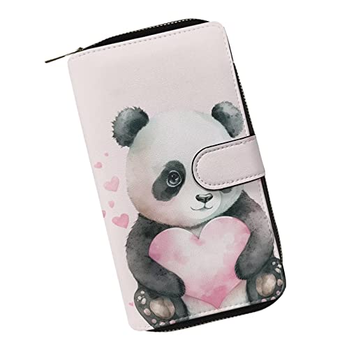 COEQINE Tier-Geldbörse, süßes Huhn, lange Leder-Geldtasche, Handtasche mit Reißverschluss für Münztelefon, Reise-Handtasche für Party, Niedliches Panda-Herz von COEQINE