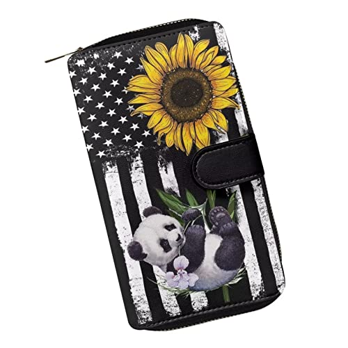 COEQINE Tier-Geldbörse, süßes Huhn, lange Leder-Geldtasche, Handtasche mit Reißverschluss für Münztelefon, Reise-Handtasche für Party, Panda Flagge Sonnenblume von COEQINE