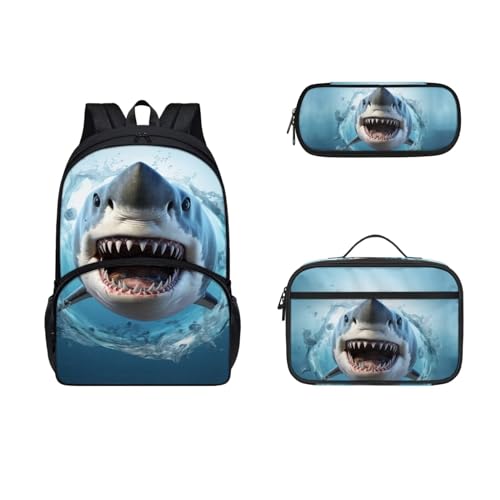 COEQINE Tier-Rucksack und Lunchbox-Set für Jungen und Kleinkinder, 3–6 Jahre, Büchertasche, Lunchbox, Grundschulrucksack mit Federmäppchen, 3D-Hai-Tier von COEQINE