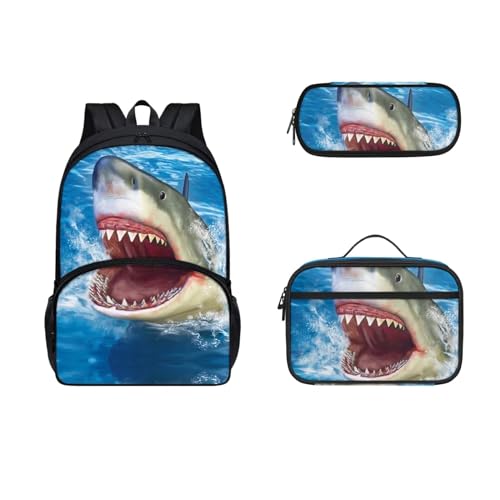 COEQINE Tier-Rucksack und Lunchbox-Set für Jungen und Kleinkinder, 3–6 Jahre, Büchertasche, Lunchbox, Grundschulrucksack mit Federmäppchen, 3D Shark Cool Animal von COEQINE