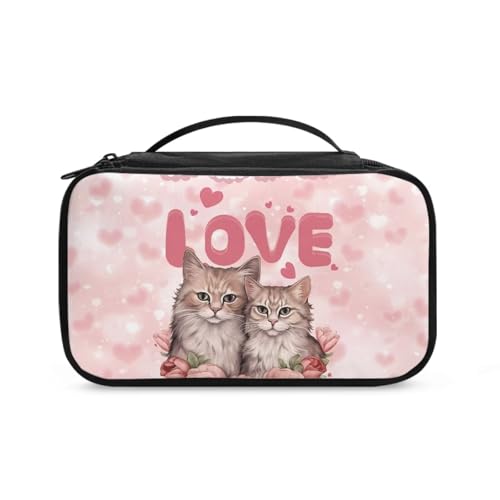 COEQINE Valentine Make-up-Tasche für Damen, Reise-Kosmetiktasche mit Griffen, Liebes-Katzenpaar, Kulturbeutel von COEQINE