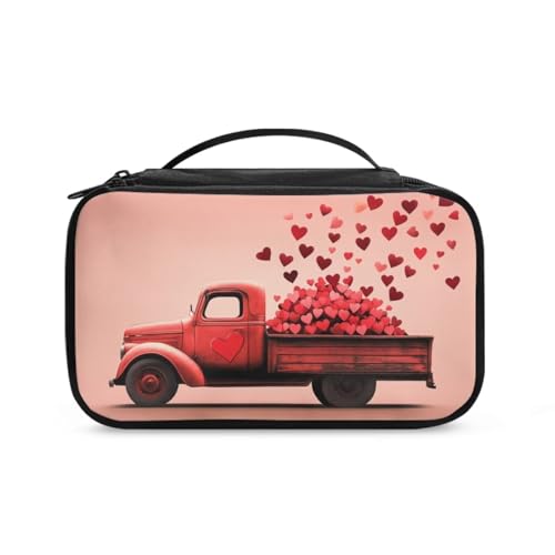 COEQINE Valentine Make-up-Tasche für Damen, Reise-Kosmetiktasche mit Griffen, Roter schöner Herz-Truck, Kulturbeutel von COEQINE