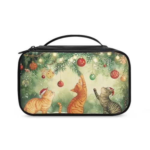 COEQINE Valentine Make-up-Tasche für Damen, Reise-Kosmetiktasche mit Griffen, Weihnachtsbaum-Spielball mit niedlichen Katzen, Kulturbeutel von COEQINE