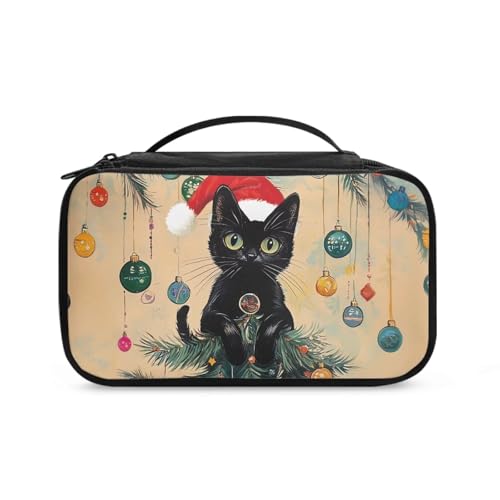 COEQINE Valentine Make-up-Tasche für Damen, Reise-Kosmetiktasche mit Griffen, Weihnachtsbaum schwarze Katzen, Kulturbeutel von COEQINE