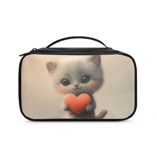 COEQINE Valentine Make-up-Tasche für Damen, Reise-Kosmetiktasche mit Griffen, Weißes Katzen-Herz, Kulturbeutel von COEQINE