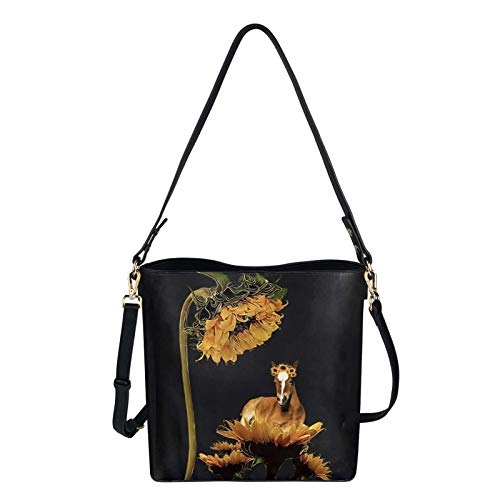 COEQINE Vintage Crossbody Tasche Leder Groß Bucket Bag Schultertasche für Frauen Mädchen, Schwarz - Sonnenblume und Pferd - Größe: Einheitsgröße von COEQINE