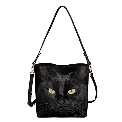 COEQINE Vintage Crossbody Tasche Leder Groß Bucket Bag Schultertasche für Frauen Mädchen, Schwarz - katze - Größe: Einheitsgröße von COEQINE