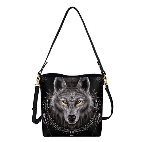 COEQINE Vintage Crossbody Tasche Leder Groß Bucket Bag Schultertasche für Frauen Mädchen, Schwarz - wolf - Größe: Einheitsgröße von COEQINE