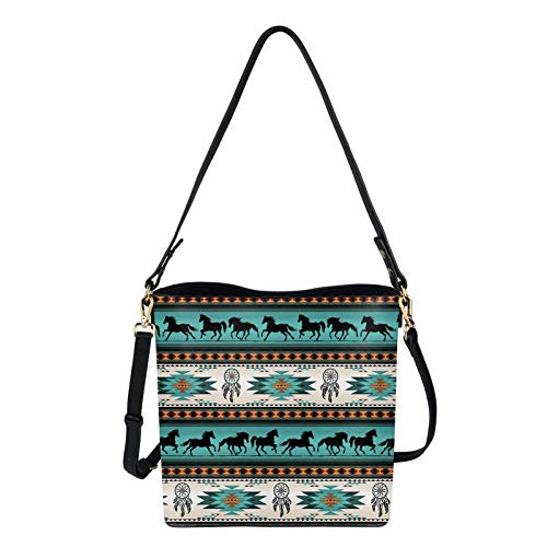 COEQINE Vintage Crossbody Tasche Leder Groß Bucket Bag Schultertasche für Frauen Mädchen, Türkis - Tribal Pferd Türkis - Größe: Einheitsgröße von COEQINE