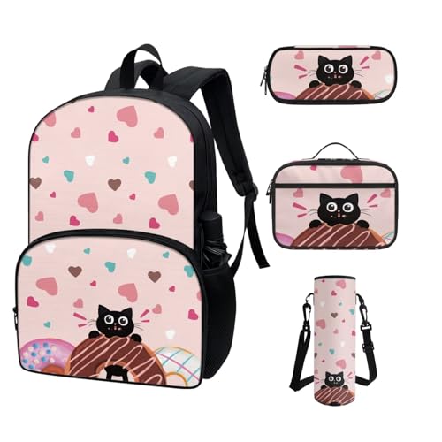 COEQINE Vorschulrucksäcke für Mädchen in der Mittelschule, mit Lunchbox und Federmäppchen, Wasserflasche für Mädchen von 6–8 Jahren, Lovely Cats Donut Pink von COEQINE