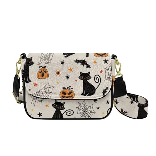 COEQINE Wasserdichte Umhängetasche für Damen, Leder, Schultertaschen für Damen, große Schultertasche mit verstellbarem Riemen, Halloween-Katzenkürbis, modisch von COEQINE