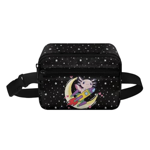COEQINE Weihnachtstasche, kleine Hüfttasche für Familie, Sohn, Herren, Damen, modisches Muster, hohe Hüfttasche mit Schultergurt, Black Stars Sky Cute Axolotl Animal Rocket, Kinderrucksack von COEQINE