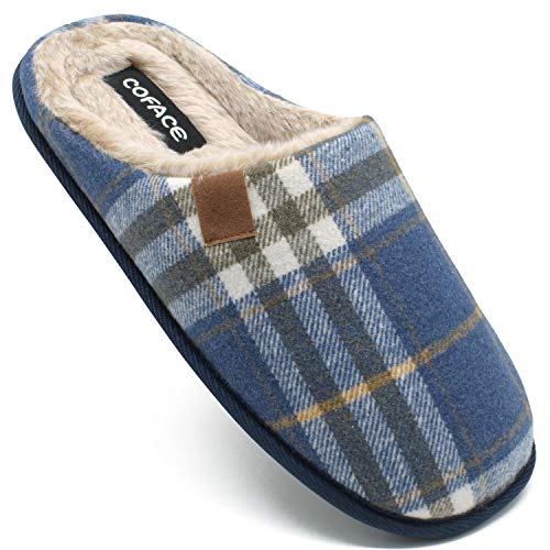 COFACE Blau Herren Rückstellschaum Hausschuhe, warme Plaid Pantoffeln für Manner, flauschig plüsch Gefüttert mit rutschfeste Gummisohle Größe 43EU von COFACE