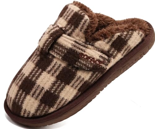 COFACE Braun Hausschuhe Damen Winter Warme Flauschig Wolle Gefütterte Slipper EU 35, mit Weiche Rückstellschaum Plaid Plüsch Geschlossen Pantoffeln für Drinnen und Draussen von COFACE