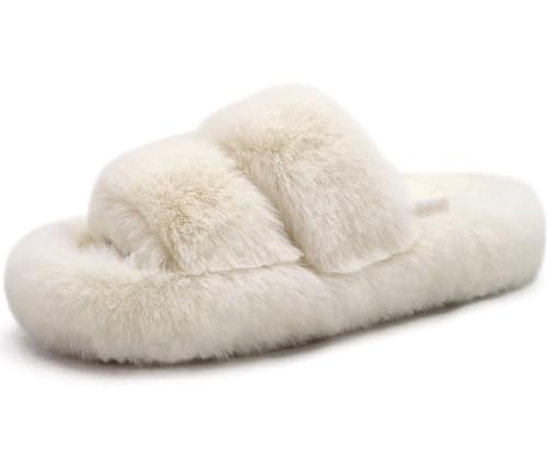 COFACE Damen Hausschuhe Frau Fuzzy Fluff Indoor Slipper Frauen Schlafzimmer Slip On Pantoffeln orthopädische Bogen Unterstützung Hausschuhe Winter Open Toe Plüsch Shearling Slide Beige Größe 40 von COFACE