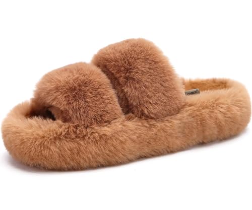 COFACE Damen Hausschuhe Frau Fuzzy Fluff Indoor Slipper Frauen Schlafzimmer Slip On Pantoffeln orthopädische Bogen Unterstützung Hausschuhe Winter Open Toe Plüsch Shearling Slide Khaki Größe 42 von COFACE