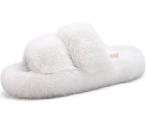 COFACE Damen Hausschuhe Frau Fuzzy Fluff Indoor Slipper Frauen Schlafzimmer Slip On Pantoffeln orthopädische Bogen Unterstützung Hausschuhe Winter Open Toe Plüsch Shearling Slide Weiß Größe 40 von COFACE