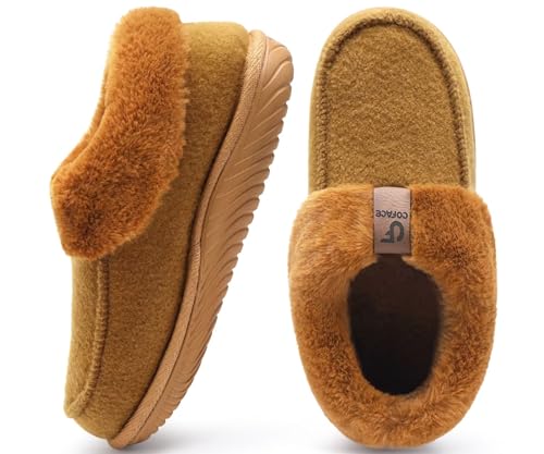 COFACE Hausschuhe Damen Kuschel Geschlossen Winter Pantoffeln Frauen Warme Flauschige Plüsch Filzhausschuhe Fell Gefütterte Hüttenschuhe Rutschfest Feste Sohle Hause Filzpantoffeln Braun 42 von COFACE