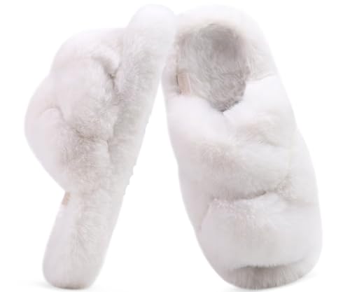 COFACE Damen Hausschuhe Bequem Memoryschaum Plüsch Pantoffeln für Frauen Weiches Warme Leichte Rutschfeste Flauschiges Slide-Schuhe Weiß 36 von COFACE