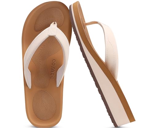 COFACE Flip Flops Damen Leder Flache Zehenabscheider Badelatschen für Sommer Beach Frauen Keilabsatz Tanga Sandalen mit Weichem Yoga Matte von COFACE