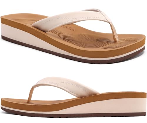 COFACE Flip Flops Damen Leder Flache Zehenabscheider Badelatschen für Sommer Beach Frauen Keilabsatz Tanga Sandalen mit Weichem Yoga Matte von COFACE