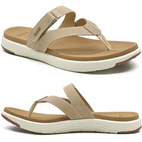 COFACE Flip Flops Damen Mode Orthopädische Leder Stoff Leicht Zehentrenner Frauen Bequem Plantarfasziitis Fußbett Breite Füße Badelatschen Sommer Strand Zehensandalen Rutschfest Gummi Sohle Beige 40 von COFACE