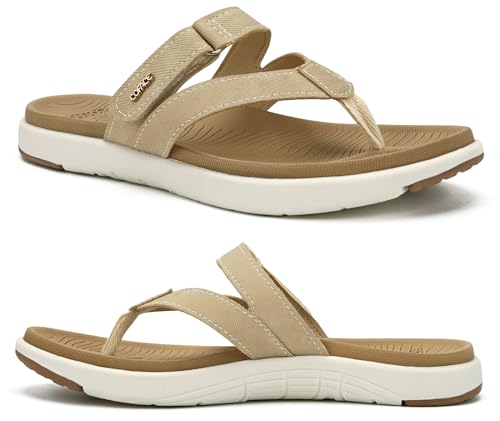 COFACE Flip Flops Damen Mode Orthopädische Leder Stoff Leicht Zehentrenner Frauen Bequem Plantarfasziitis Fußbett Breite Füße Badelatschen Sommer Strand Zehensandalen Rutschfest Gummi Sohle Beige 42 von COFACE