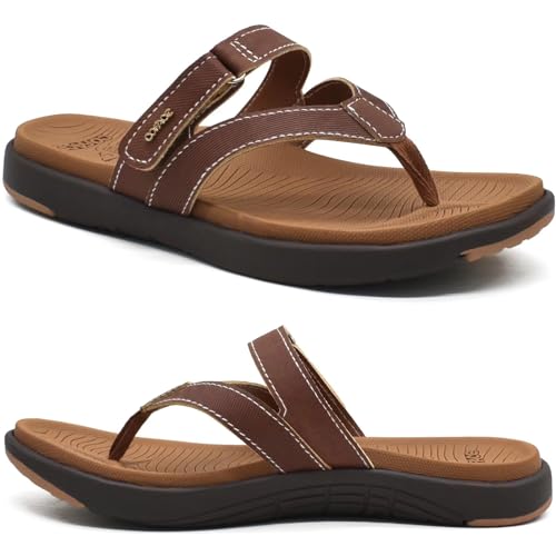 COFACE Flip Flops Damen Mode Orthopädische Leder Stoff Leicht Zehentrenner Frauen Bequem Plantarfasziitis Fußbett Breite Füße Badelatschen Sommer Strand Zehensandalen Rutschfest Gummi Sohle Braun 41 von COFACE