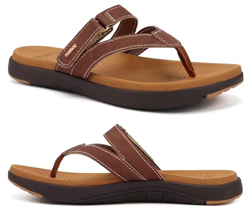 COFACE Flip Flops Damen Mode Orthopädische Leder Stoff Leicht Zehentrenner Frauen Bequem Plantarfasziitis Fußbett Breite Füße Badelatschen Sommer Strand Zehensandalen Rutschfest Gummi Sohle Braun 42 von COFACE