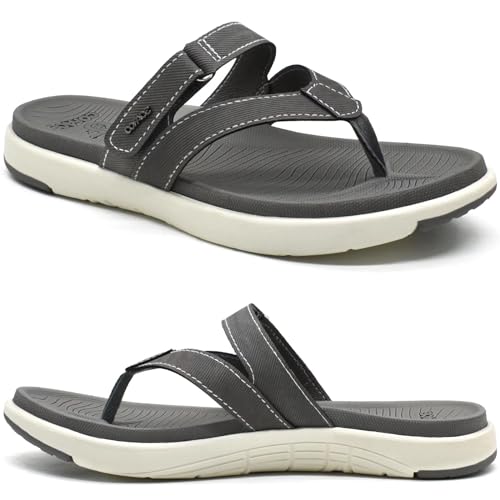 COFACE Flip Flops Damen Mode Orthopädische Leder Stoff Leicht Zehentrenner Frauen Bequem Plantarfasziitis Fussbett Breite Füße Badelatschen Sommer Strand Zehensandalen Rutschfest Gummi Sohle Grau 40 von COFACE