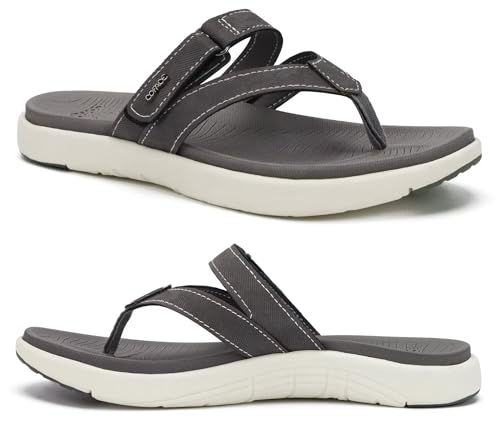 COFACE Flip Flops Damen Mode Orthopädische Leder Stoff Leicht Zehentrenner Frauen Bequem Plantarfasziitis Fussbett Breite Füße Badelatschen Sommer Strand Zehensandalen Rutschfest Gummi Sohle Grau 37 von COFACE