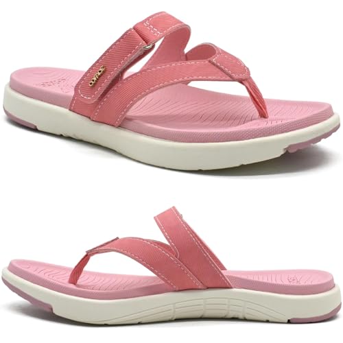 COFACE Flip Flops Damen Mode Orthopädische Leder Stoff Leicht Zehentrenner Frauen Bequem Plantarfasziitis Fussbett Breite Füße Badelatschen Sommer Strand Zehensandalen Rutschfest Gummi Sohle Rosa 40 von COFACE