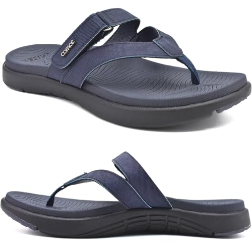 COFACE Flip Flops Damen Orthopädische Leder Stoff Leicht Zehentrenner Frauen Bequeme Plantarfasziitis Fussbett Breite Füße Badelatschen Sommer Strand Zehensandalen Rutschfest Gummi Sohle Marine 40 von COFACE