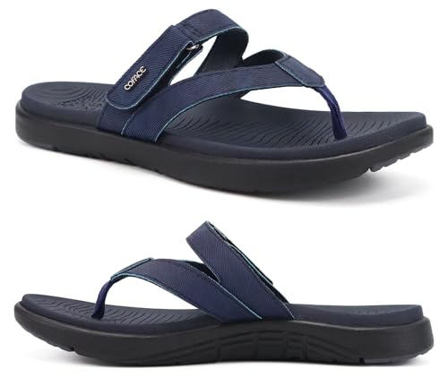 COFACE Flip Flops Damen Orthopädische Leder Stoff Leicht Zehentrenner Frauen Bequeme Plantarfasziitis Fussbett Breite Füße Badelatschen Sommer Strand Zehensandalen Rutschfest Gummi Sohle Marine 41 von COFACE