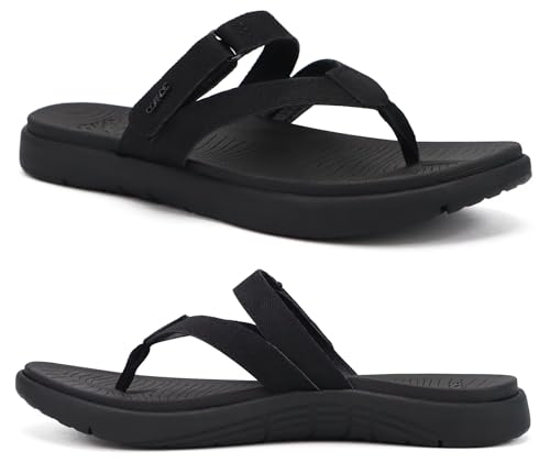 COFACE Flip Flops Damen Orthopädische Leder Stoff Leicht Zehentrenner Frauen Bequeme Plantarfasziitis Fussbett Breite Füße Badelatschen Sommer Strand Zehensandalen Rutschfest Gummi Sohle Schwarz 36 von COFACE