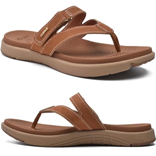 COFACE Flip Flops Damen Orthopädische Leder Stoff Leicht Zehentrenner Frauen Bequeme Plantarfasziitis Fussbett Breite Füße Badelatschen Sommer Strand Zehensandalen Rutschfest Gummi Sohle Tan 39 von COFACE