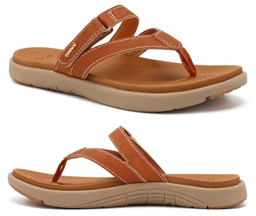COFACE Flip Flops Damen Orthopädische Leder Stoff Leicht Zehentrenner Frauen Bequeme Plantarfasziitis Fussbett Breite Füße Badelatschen Sommer Strand Zehensandalen Rutschfest Gummi Sohle Tan 42 von COFACE