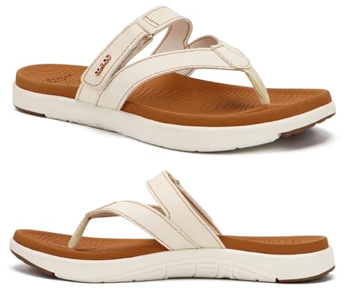 COFACE Flip Flops Damen Orthopädische Leder Stoff Leicht Zehentrenner Frauen Bequeme Plantarfasziitis Fussbett Breite Füße Badelatschen Sommer Strand Zehensandalen Rutschfest Gummi Sohle Weiß Khaki 42 von COFACE
