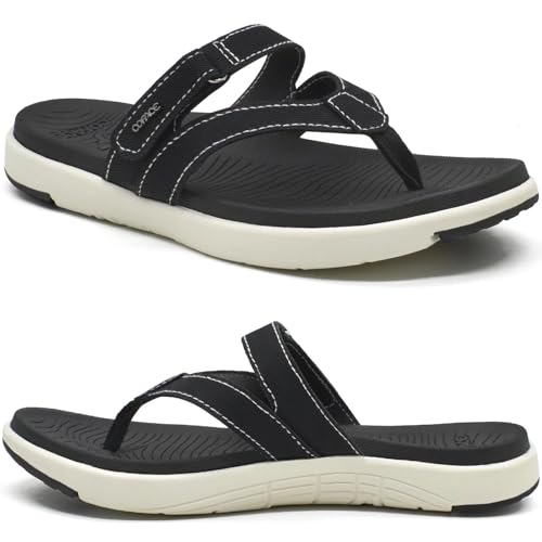 COFACE Flip Flops Damen Orthopädische Leder Stoff Leicht Zehentrenner Frauen Bequeme Plantarfasziitis Fußbett Breite Füße Badelatschen Sommer Strand Zehensandalen Rutschfest Sohle Schwarz Weiss 40 von COFACE