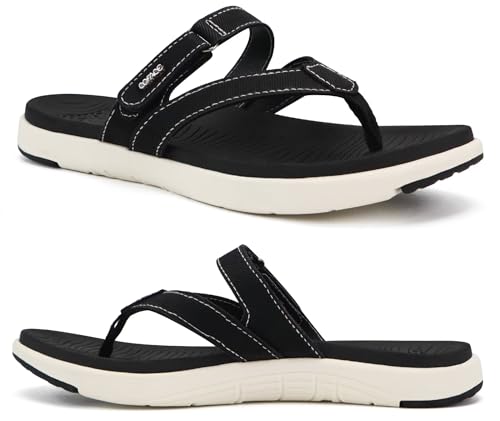 COFACE Flip Flops Damen Orthopädische Leder Stoff Leicht Zehentrenner Frauen Bequeme Plantarfasziitis Fußbett Breite Füße Badelatschen Sommer Strand Zehensandalen Rutschfest Sohle Schwarz Weiss 37 von COFACE