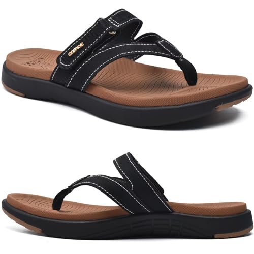 COFACE Flip Flops Damen Orthopädische Leder Stoff Leicht Zehentrenner Frauen Bequeme Plantarfasziitis Fussbett Breite Füße Zehensandalen Rutschfest Gummi Sohle Schwarzer Khak 38 von COFACE