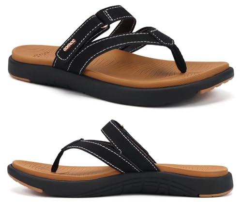 COFACE Flip Flops Damen Orthopädische Leder Stoff Leicht Zehentrenner Frauen Bequeme Plantarfasziitis Fussbett Breite Füße Zehensandalen Rutschfest Gummi Sohle Schwarzer Khak 40 von COFACE
