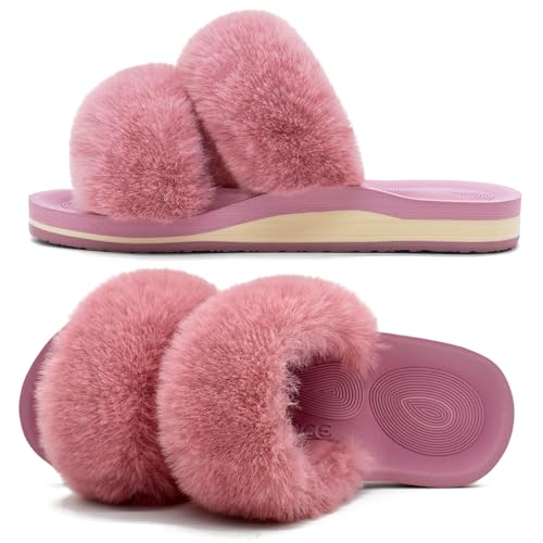 COFACE Hausschuhe Damen Fell Schlappen Bequem Puschel Hausschuhe für Damen Winter Sommer Warme Plüsch Pantoffeln Offene Flauschige Damen Puschen 40 Rosa von COFACE