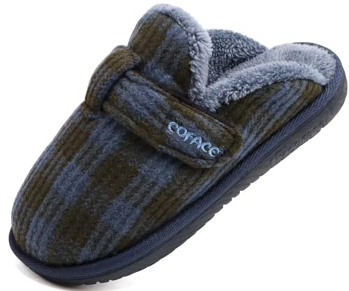 COFACE Hausschuhe Damen Winter Warme Flauschig Wolle Gefütterte Slipper EU 36, mit Weiche Rückstellschaum Plaid Plüsch Geschlossen Pantoffeln für Drinnen und Draussen Blau von COFACE