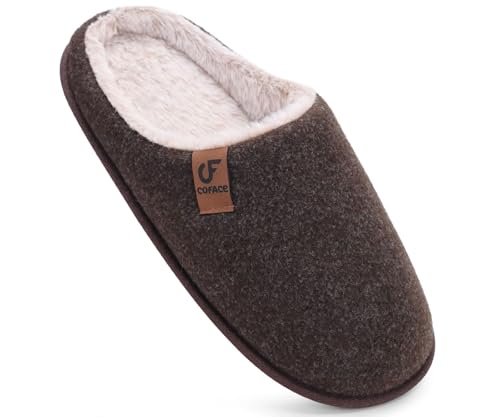 COFACE Hausschuhe Herren Filz Warme Bequem Flauschig Plüsch Männer Pantoffeln mit Anti-Rutsch Gummisohle für Drinnen und Draussen Dunkel Braun Größe 49 von COFACE
