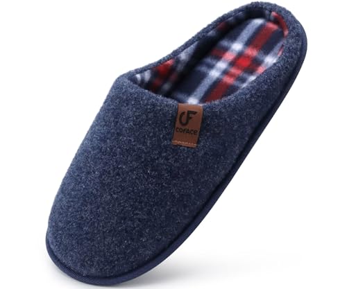 COFACE Hausschuhe Herren Filz Warme Bequem Männer Pantoffeln mit Anti-Rutsch Gummisohle für Drinnen und Draussen Dunkel Blau Größe 45 von COFACE
