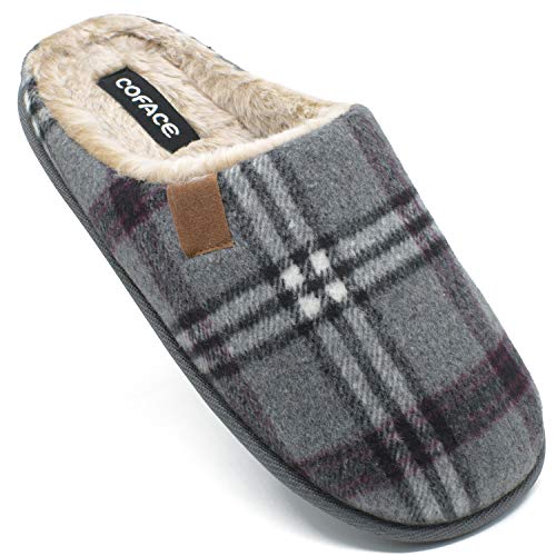 COFACE Grau Herren Rückstellschaum hausschuhe, warme plaid Pantoffeln für manner, flauschig plüsch Gefüttert mit Rutschfeste Gummisohle Größe 45EU von COFACE