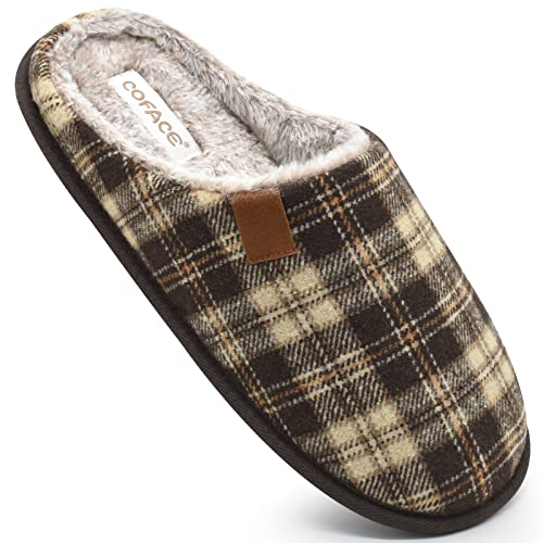 COFACE Herren Rückstellschaum hausschuhe, warme plaid Pantoffeln für manner, flauschig plüsch Gefüttert mit Rutschfeste Gummisohle Braun Khaki Größe 40EU von COFACE