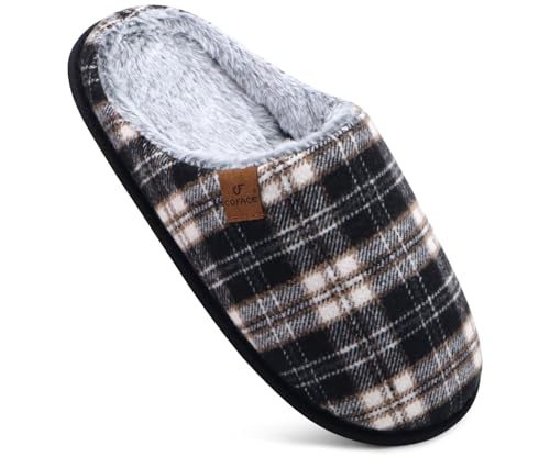 COFACE Herren Rückstellschaum hausschuhe, warme plaid Pantoffeln für manner, flauschig plüsch Gefüttert mit Rutschfeste Gummisohle Schwarz Weiß Größe 44EU von COFACE