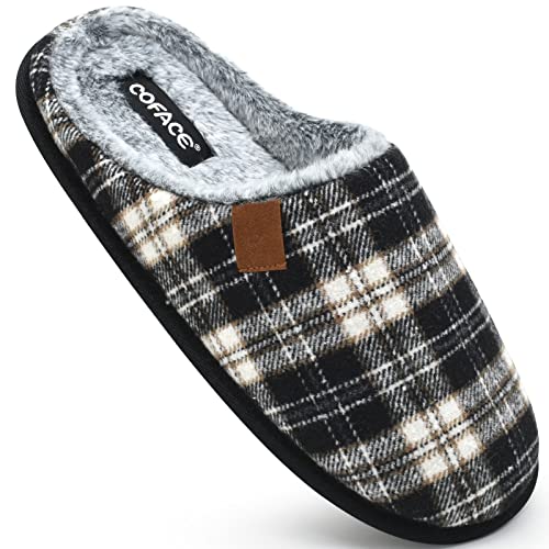 COFACE Herren Rückstellschaum hausschuhe, warme plaid Pantoffeln für manner, flauschig plüsch Gefüttert mit Rutschfeste Gummisohle Schwarz Weiß Größe 45EU von COFACE